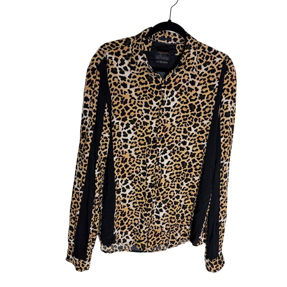 Denim & Flower Ricky Singh Leopard Print Shirt Black Panel Button Down L